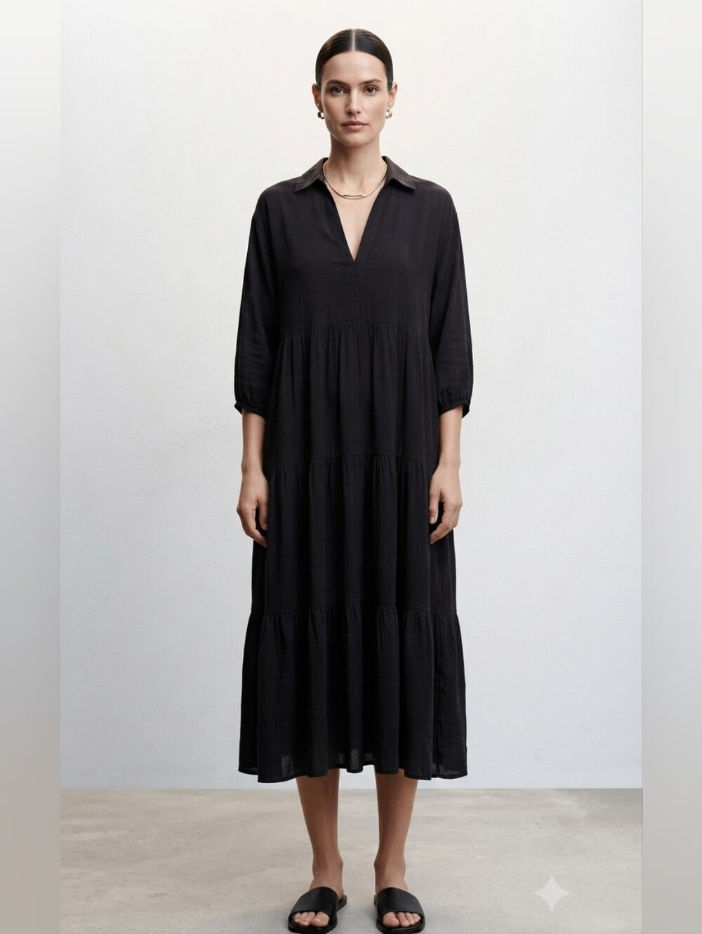 Mango Black Tiered Maxi Shirt Dress Midi Collared V-Neck Casual Boho Large
